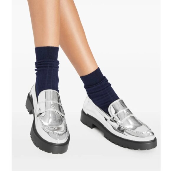 NWOT TORY BURCH SILVER CHUNKY CLASSIC LUG LOAFERS - 8M - Picture 1 of 9